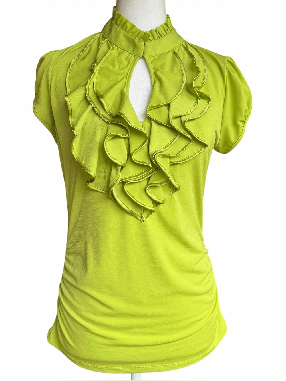 Heartsoul Womens L Green Ruffle Front Cap Sleeve Ruched Stretch Blouse Keyhole